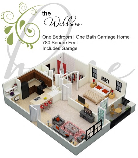 the willow one bedroom one bath carriage home798 square feet includes garage